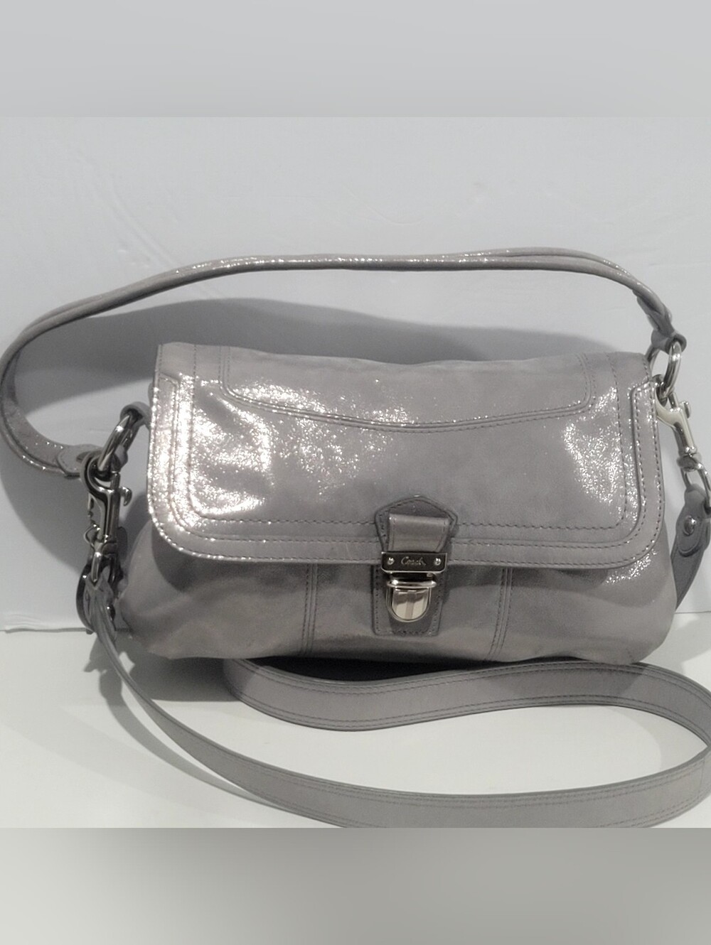 Coach Shimmer-Gray Leather Shoulder Crossbody Bag  2 Coach Hang Tags Good Cond